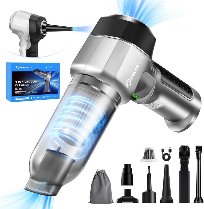 SakerPlus Mini Vacuum Cleaner, 3 in 1 Car Vacuum Cleaner High Power, 15000PA Powerful Suction, Air Duster, 7500mAh, Dual Filter,Adjustable Small Vaccum Portable Cordless for Cars,Desktop,Home - HL137 - Image 1